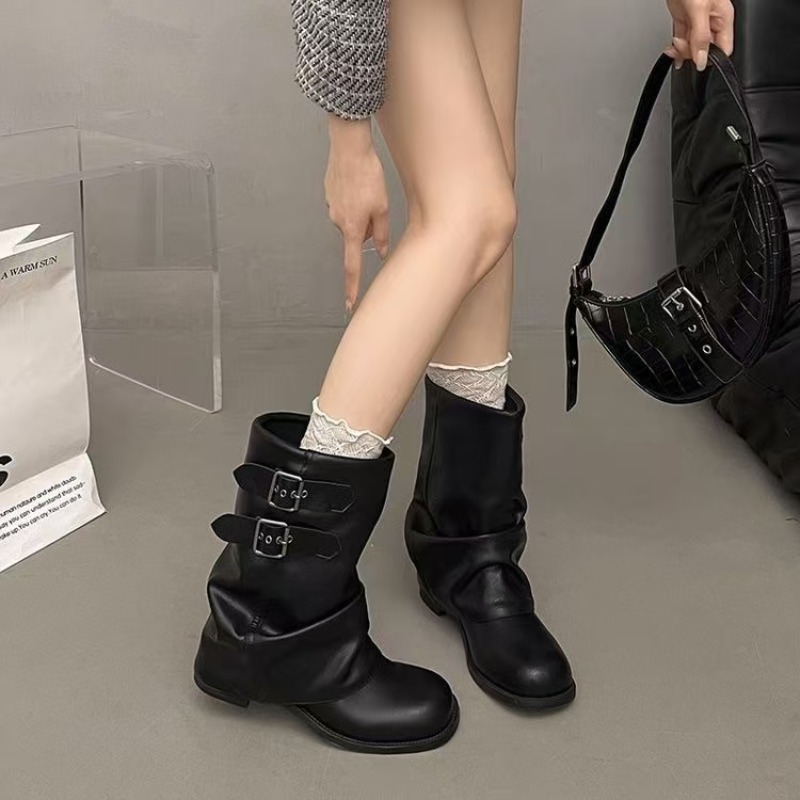 Boot Sock Slouchy - Dames zwarte slouchy mid-calf laarzen met